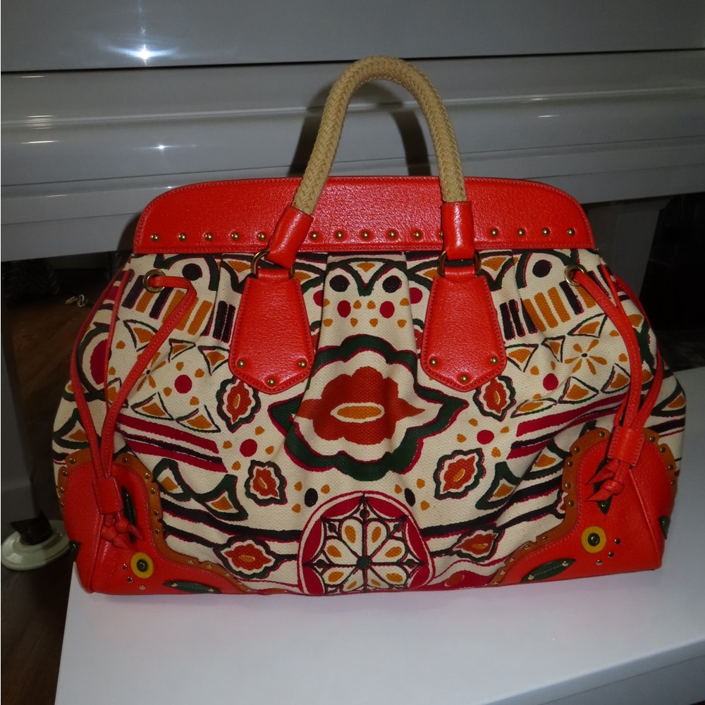 Prada Orange Trim Multicolor Printed Canvas Tote - Picture 5 of 7